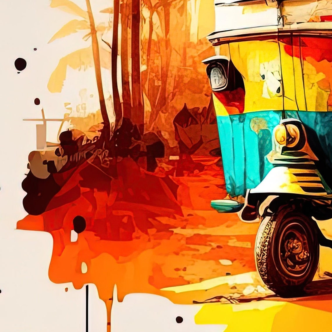 Vibrant Indian Auto Rickshaw Watercolor Art Print With Palm Trees - Image 2