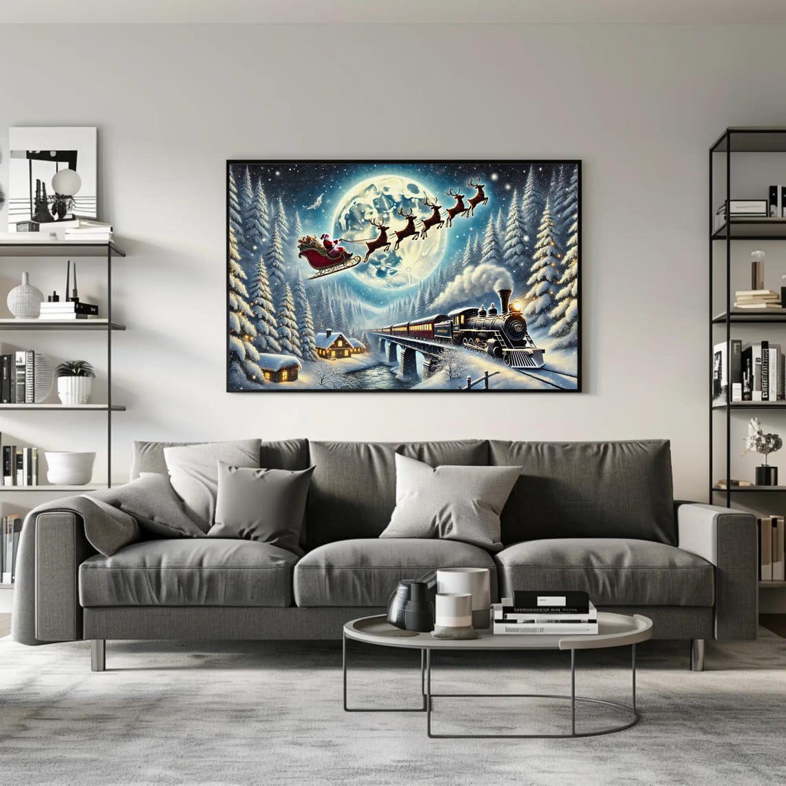 Santa Sleigh And Steam Train Under The Full Moon Night Poster - Image 5