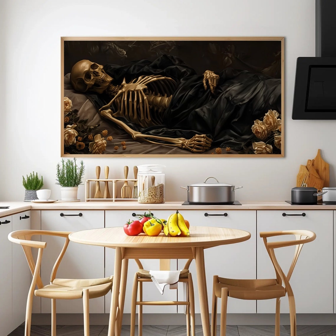 Reclining Golden Skeleton with Roses Gothic Dark Academia Art Poster - Image 5
