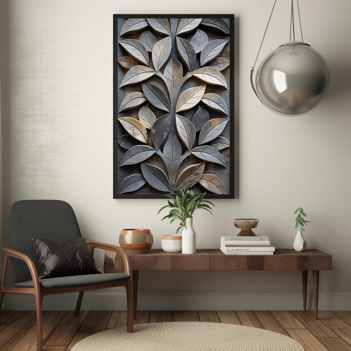 Carved Stone Leaf Relief In Grey And Gold Botanical Wall Art - Image 4