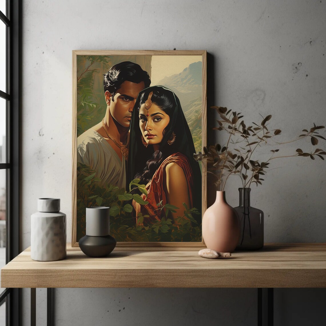 Vintage Style Indian Couple Portrait Amid Jungle Foliage Poster - Image 4