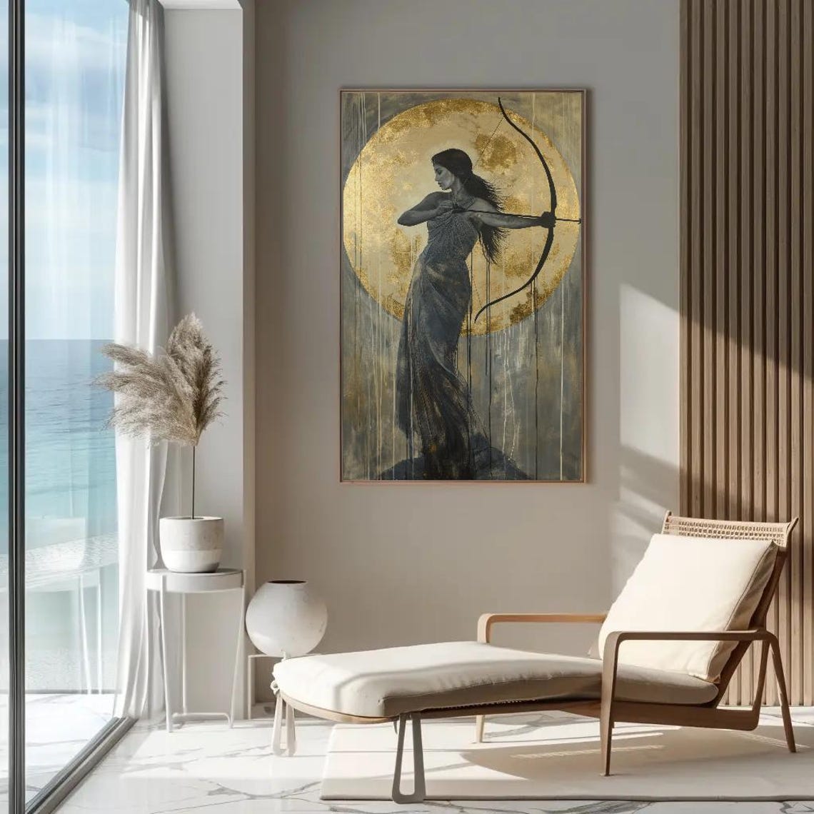 Artemis Drawing Her Bow Before A Glowing Golden Moon Art Poster - Image 3