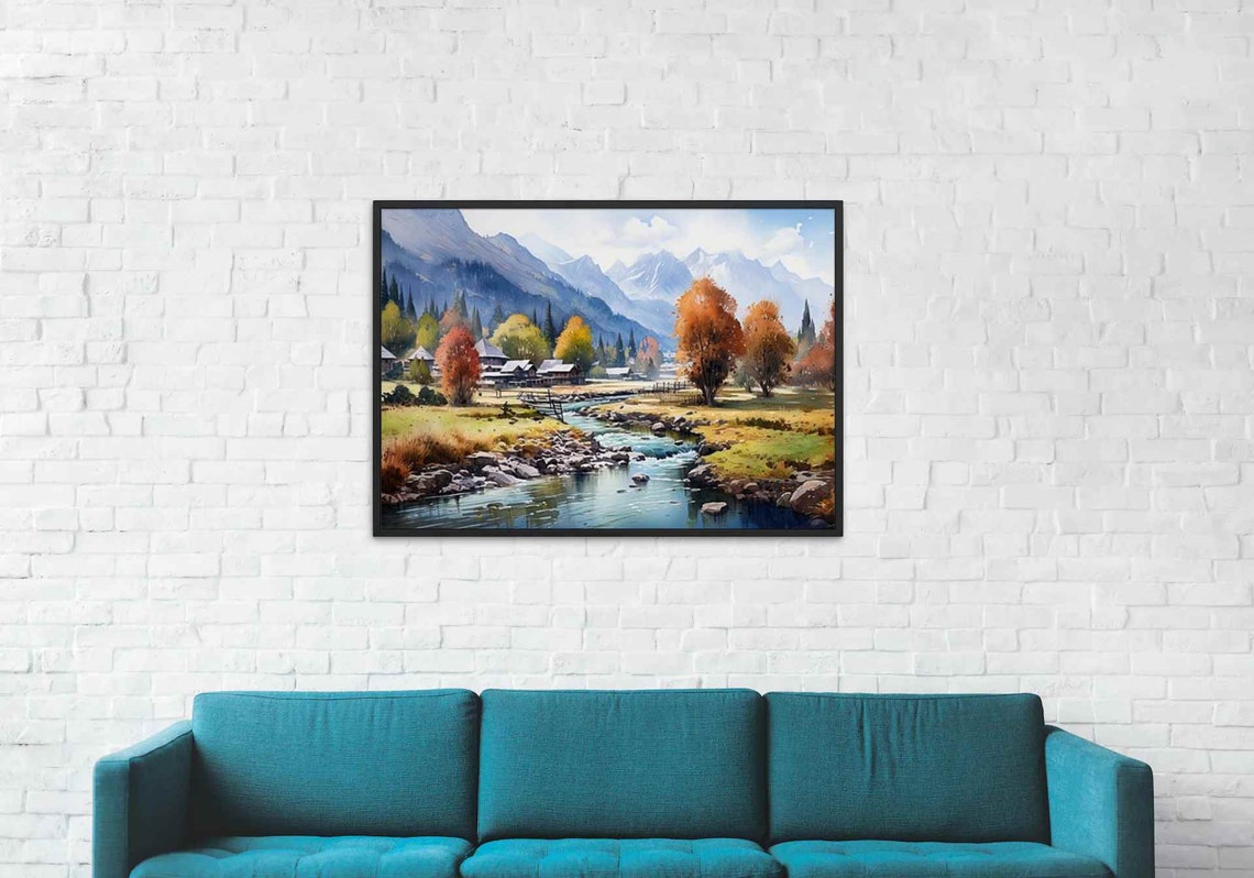 Kashmir Mountain Valley River Village Autumn Watercolor Poster - Image 2
