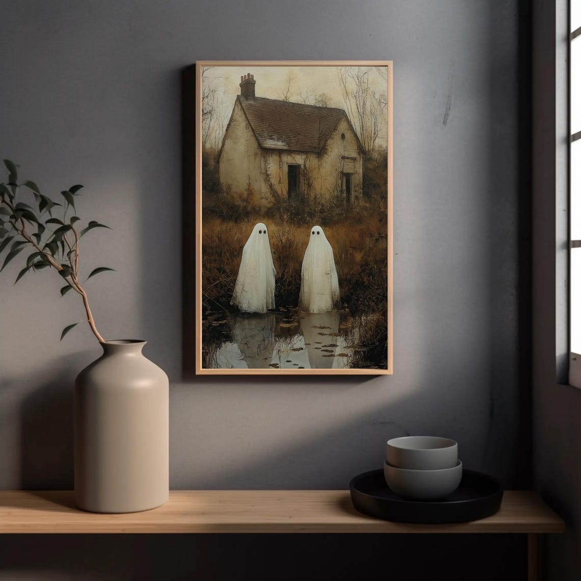 Two Ghosts Abandoned Cottage Pond Reflection Halloween Poster - Image 4