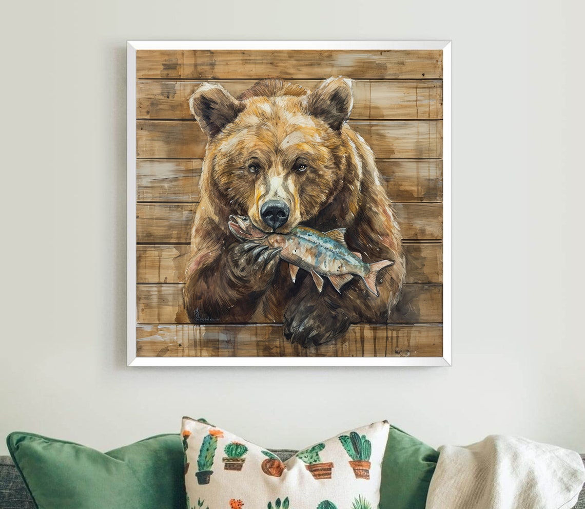 Brown Bear Holding A Fresh Fish Rustic Wood Plank Cabin Poster - Image 5