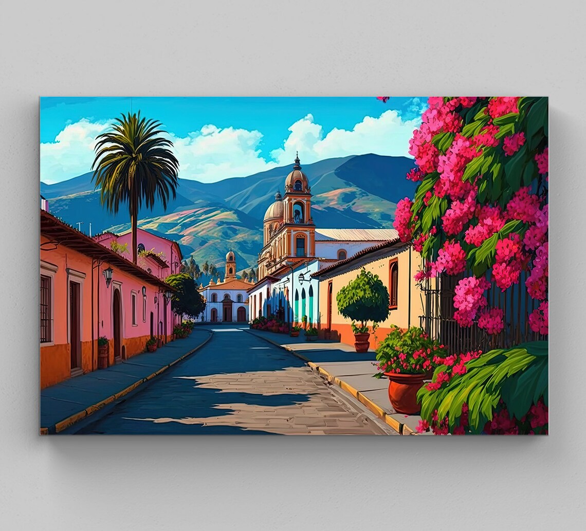 Mexican Colonial Town Street Church Mountain View Art Poster