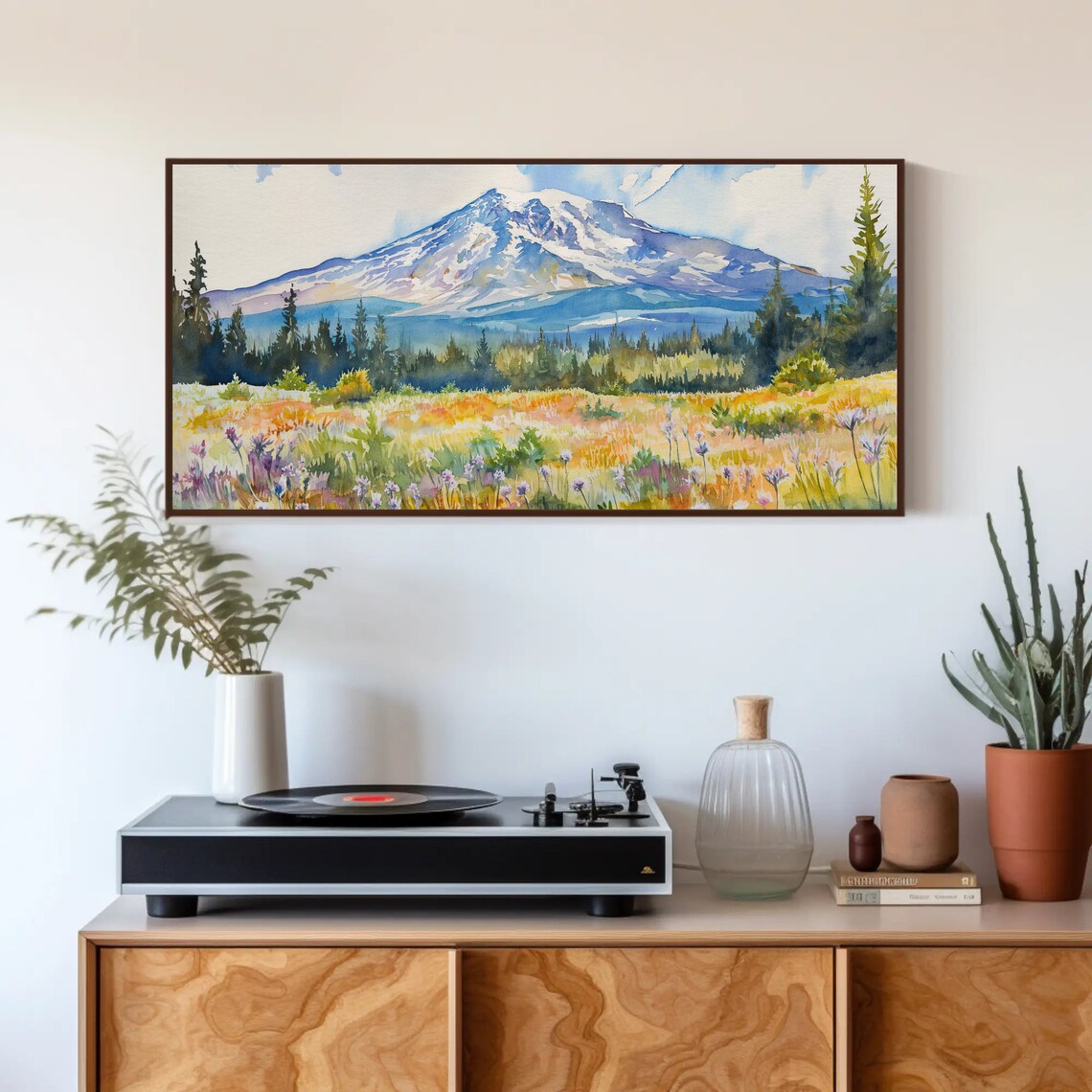Snow-Capped Mountain Watercolor Wildflower Meadow Landscape Poster - Image 4