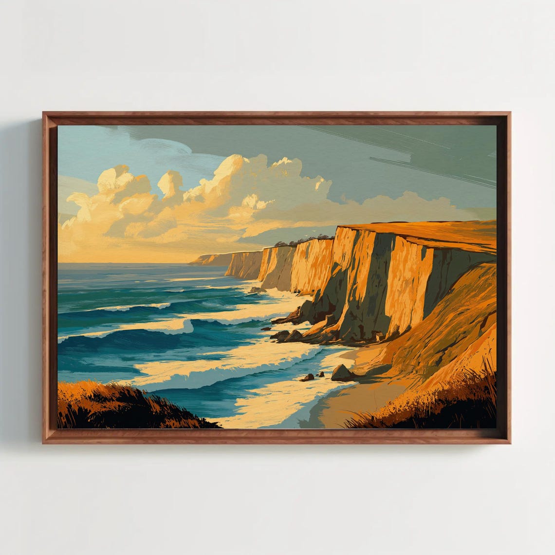 Golden Cliffs Dramatic Coastline Teal Ocean Waves Painting Poster