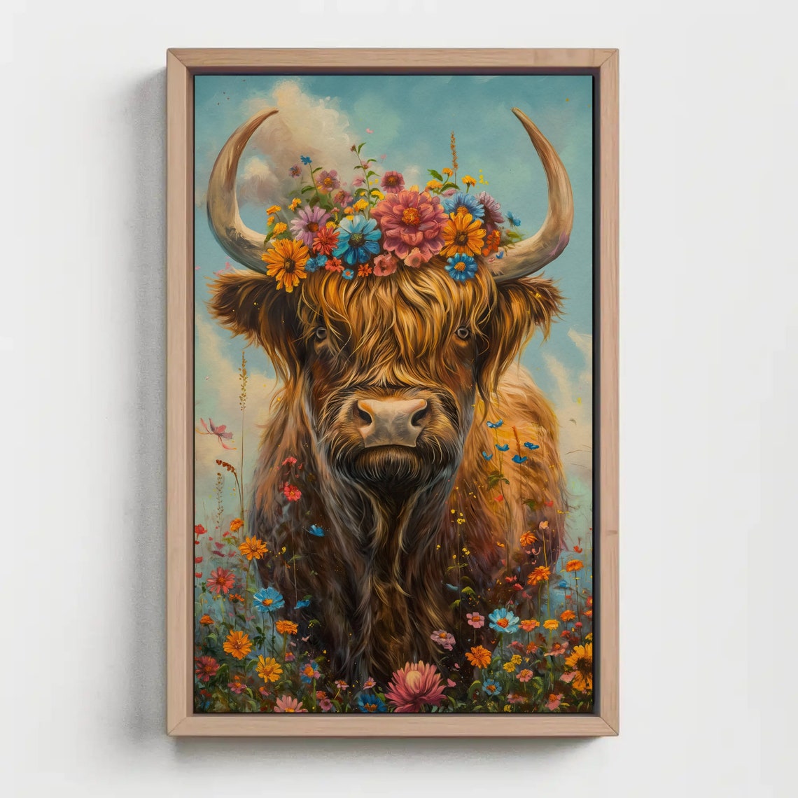 Highland Cow Print Cottage Wall Decor Scottish Print Scottish Cow Wall Art Scotland Painting Wildflowers Cow Painting Ready To Hang