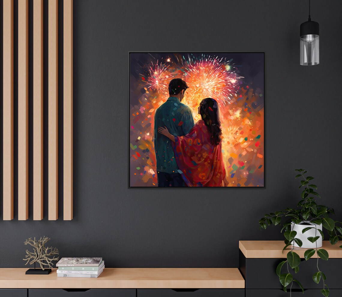 Indian Couple Watching Diwali Fireworks on a Night Sky Art Poster - Image 3