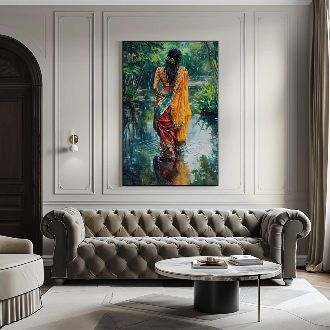 Woman In Golden Sari Walking Through Monsoon Rain Waters Poster - Image 3