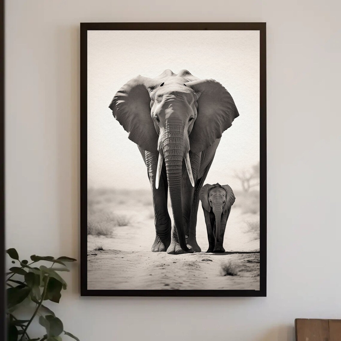 Elephant and Calf Black and White Desert Wildlife Photography Poster
