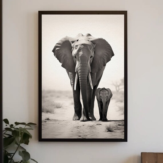 Elephant and Calf Black and White Desert Wildlife Photography Poster