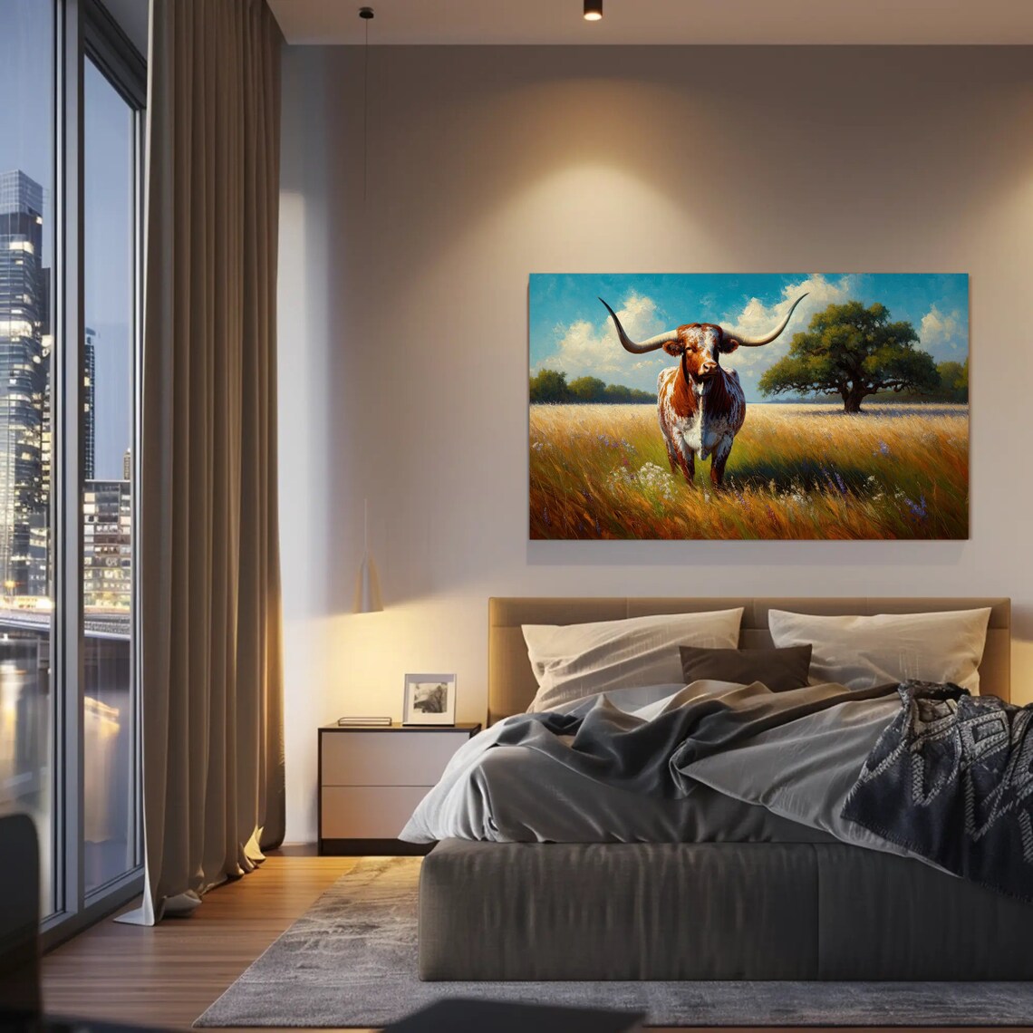 Texas Longhorn Cow In Golden Meadow Wildflowers Oil Painting Poster - Image 2