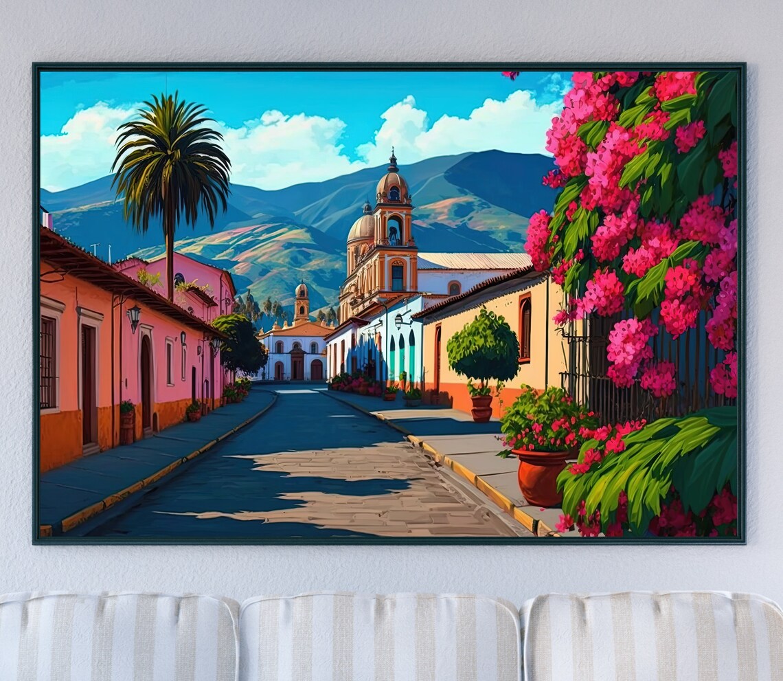Mexican Colonial Town Street Church Mountain View Art Poster - Image 4