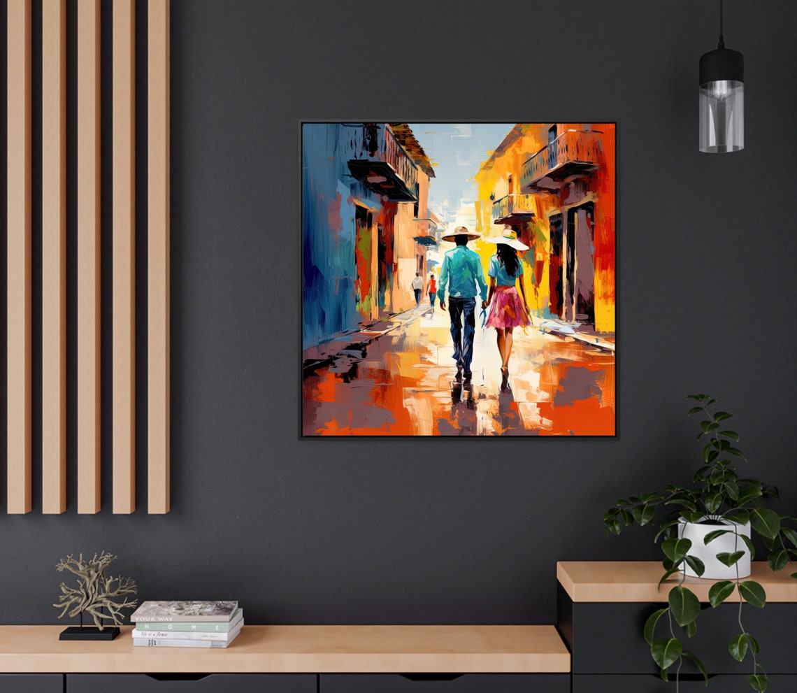 Mexican Couple Strolling Colorful Colonial Street Rain Poster - Image 2