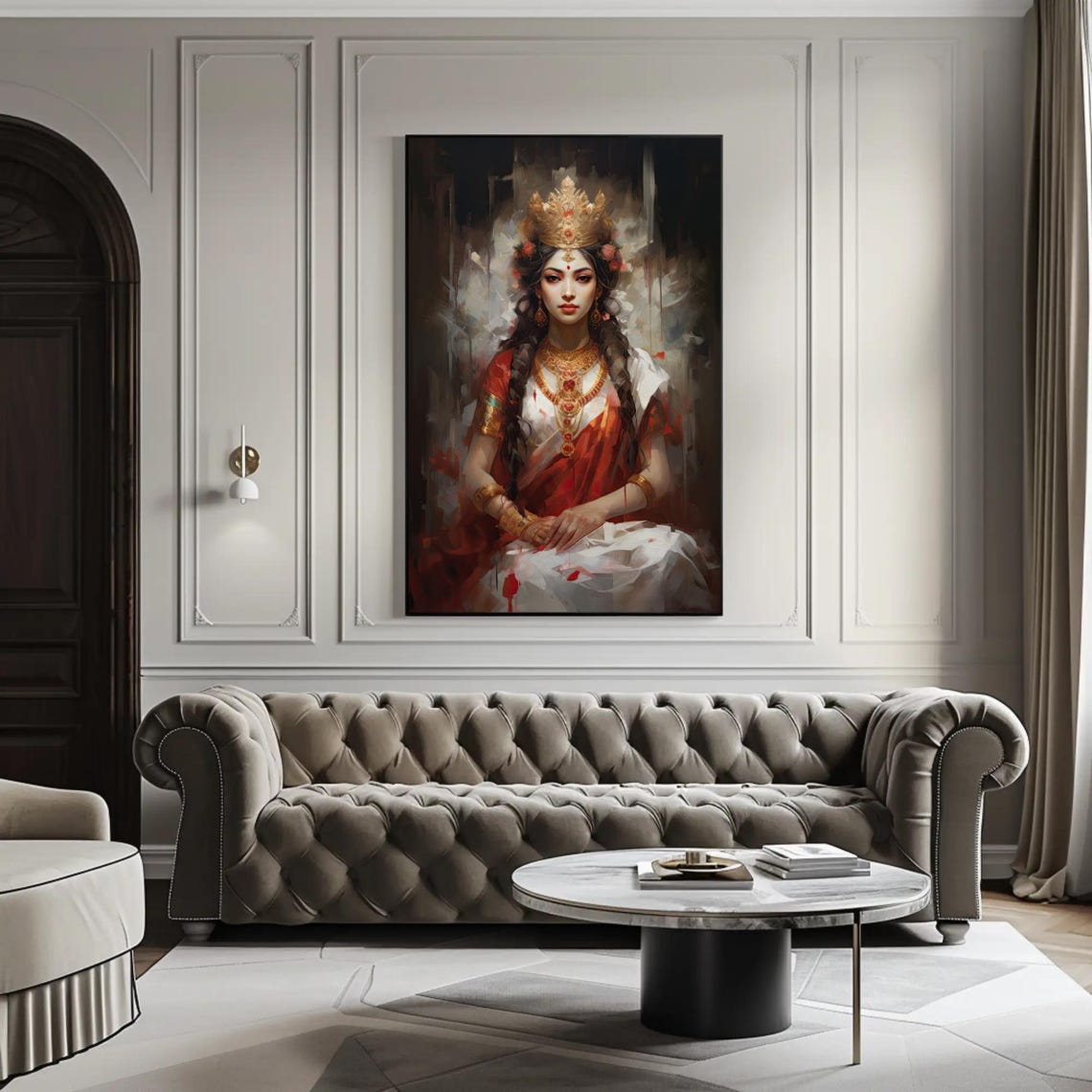 Goddess Lakshmi Portrait Red Sari Golden Crown Divine Wall Poster - Image 3