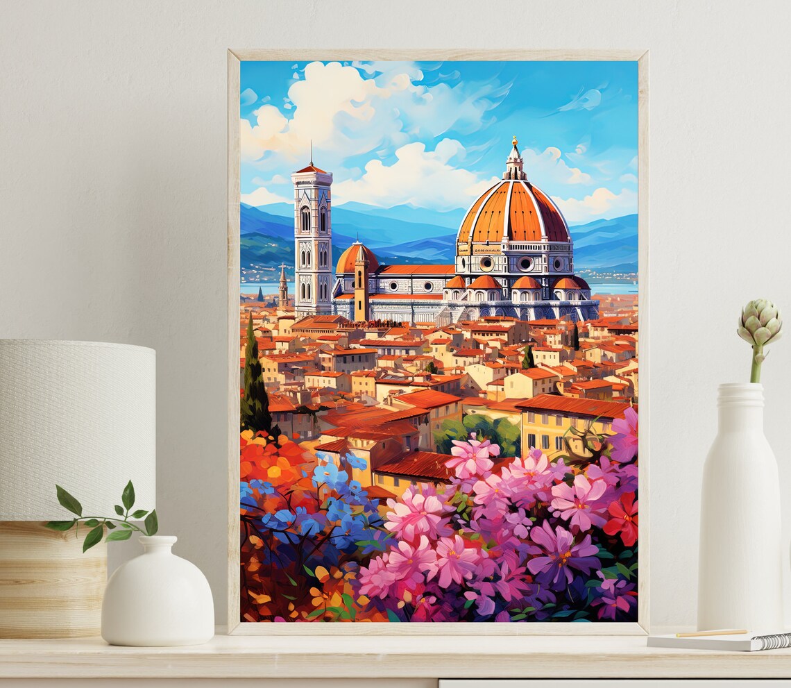 Florence Duomo Daytime View Blooming Flowers Italy Art Poster