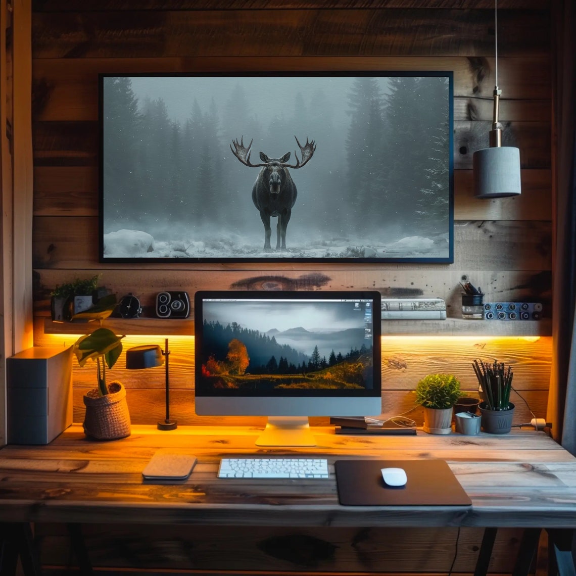 Majestic Moose Standing Alone in a Dark Snowy Winter Forest Poster - Image 5