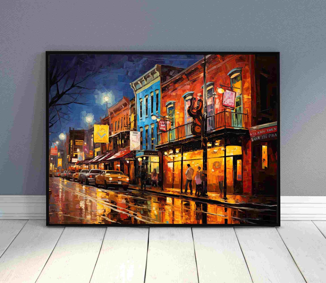 Rainy Honky Tonk Row Night Street Neon Lights City Art Poster - Image 2