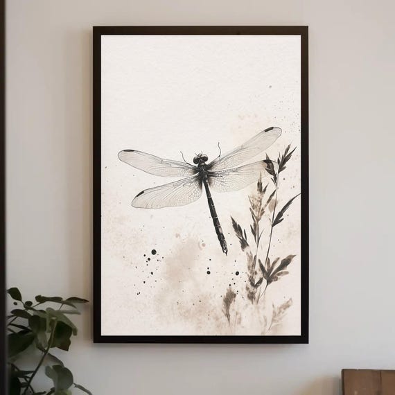 Watercolor Dragonfly With Foliage Print Nature Inspired Wall Art Botanical Dragonfly Decor Elegant Home Decor Ready To Hang