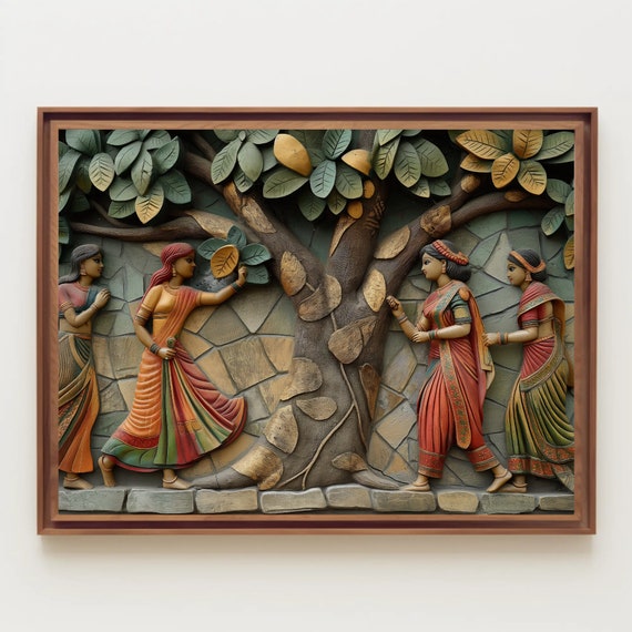 Indian Woman Under An Old Tree South Indian Wall Art Large Indian Artwork Cultural Wall Art Ready To Hang Wall Decor