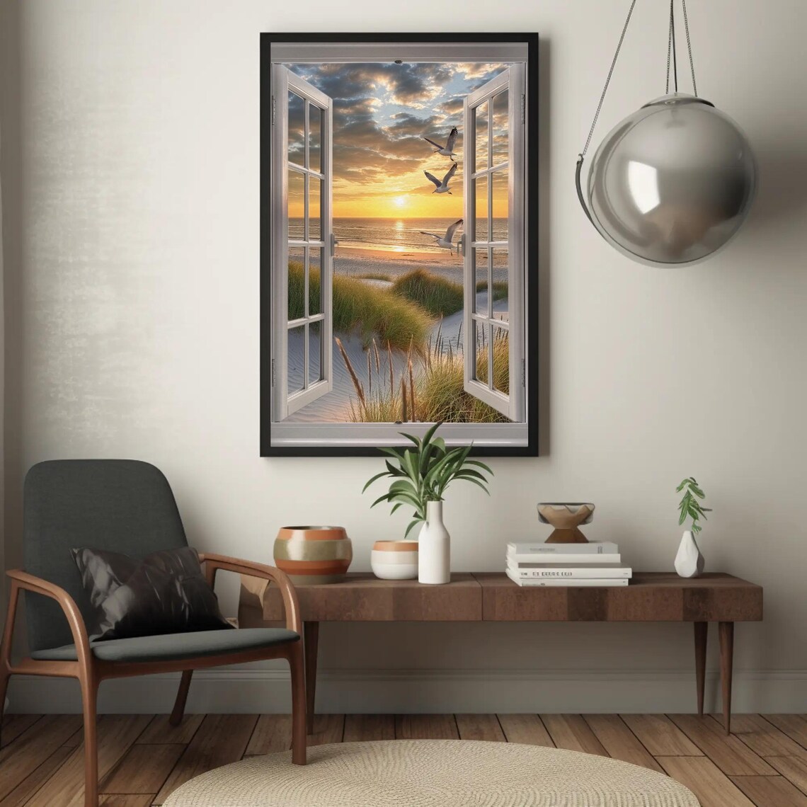 Sandy Beach With Seagulls, Faux Window Art Print - Image 4