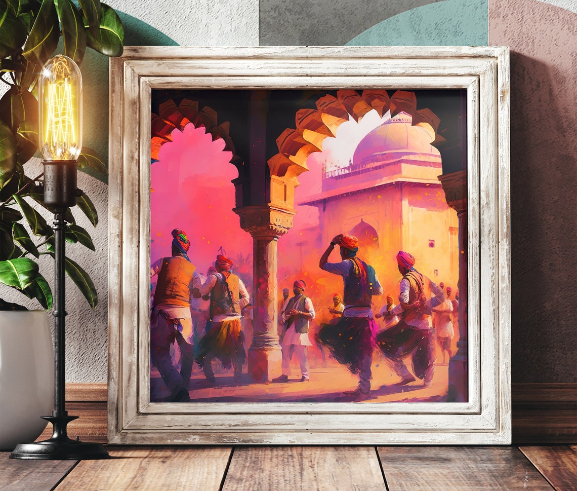 Rajasthani Men Dancing Holi in a Pink Palace Courtyard Poster