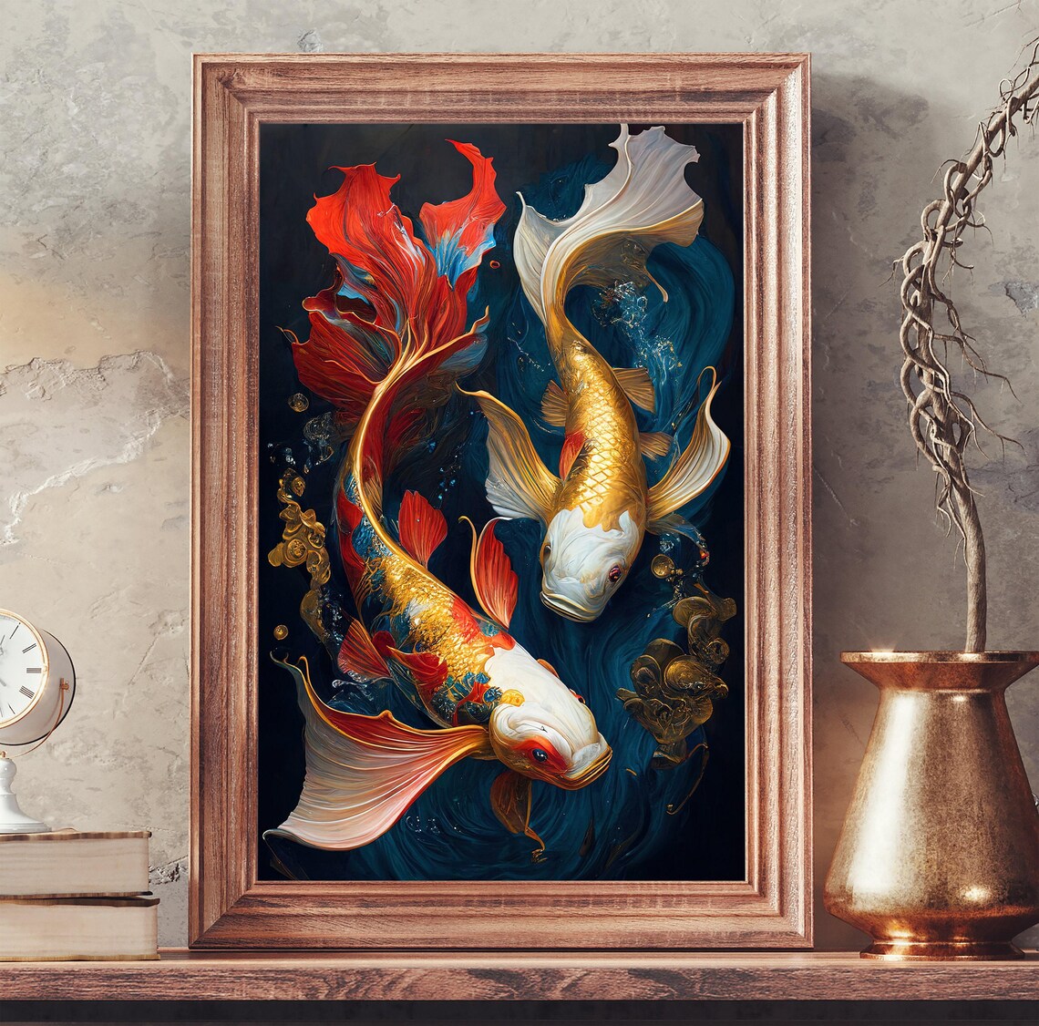 Ornate Koi Fish Pair Flowing Fins Dark Water Colorful Art Poster - Image 3