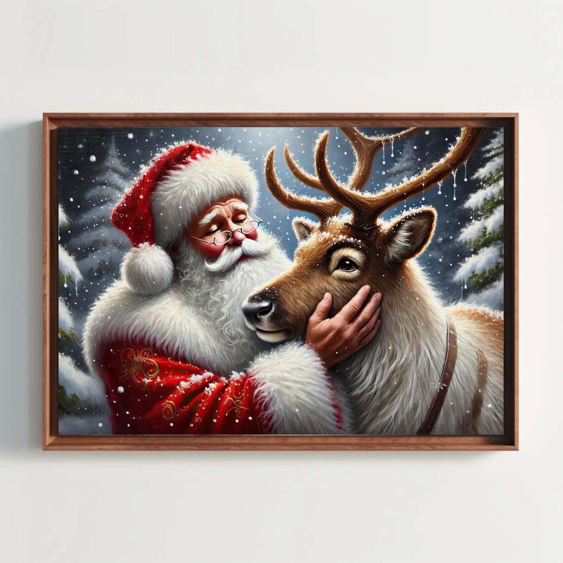 Santa Claus Hugging A Reindeer In The Snow Winter Night Poster