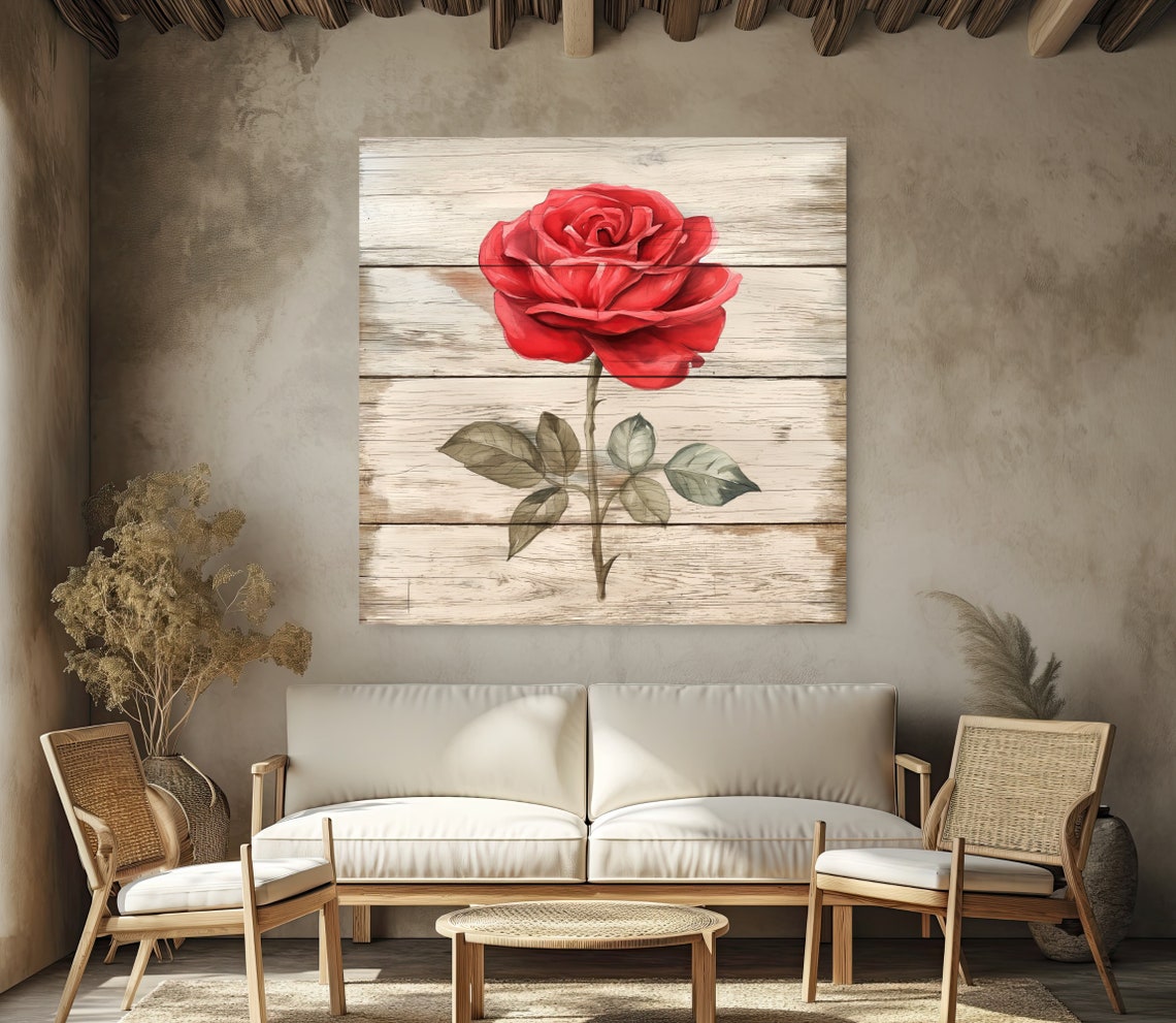 Single Red Rose Bloom On Whitewashed Wood Botanical Wall Print - Image 4
