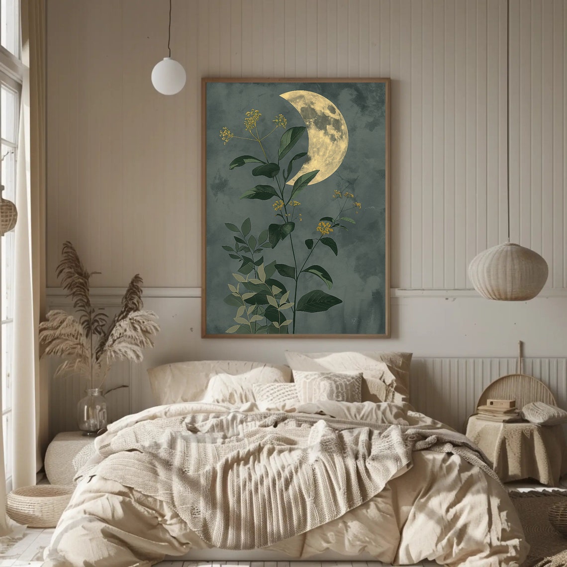 Crescent Moon Botanical Leaves Poster on Sage Green Background - Image 2