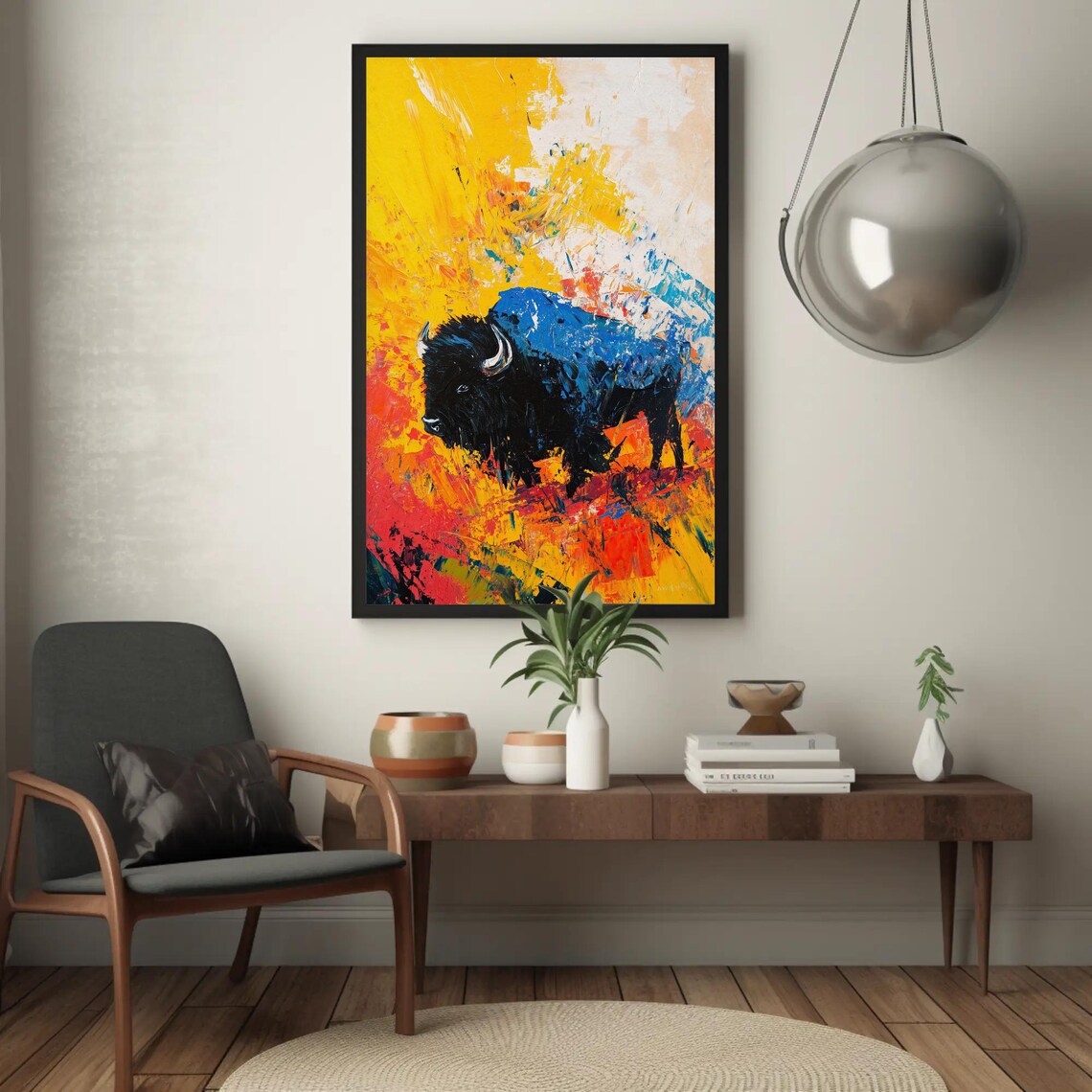 Bold Abstract Bison In Fiery Yellow And Blue Oil Painting Poster - Image 3