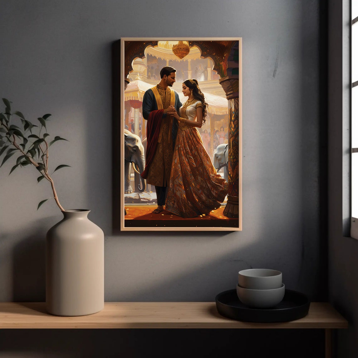 Indian Wedding Couple at Palace with Elephants Romantic Art Print - Image 4