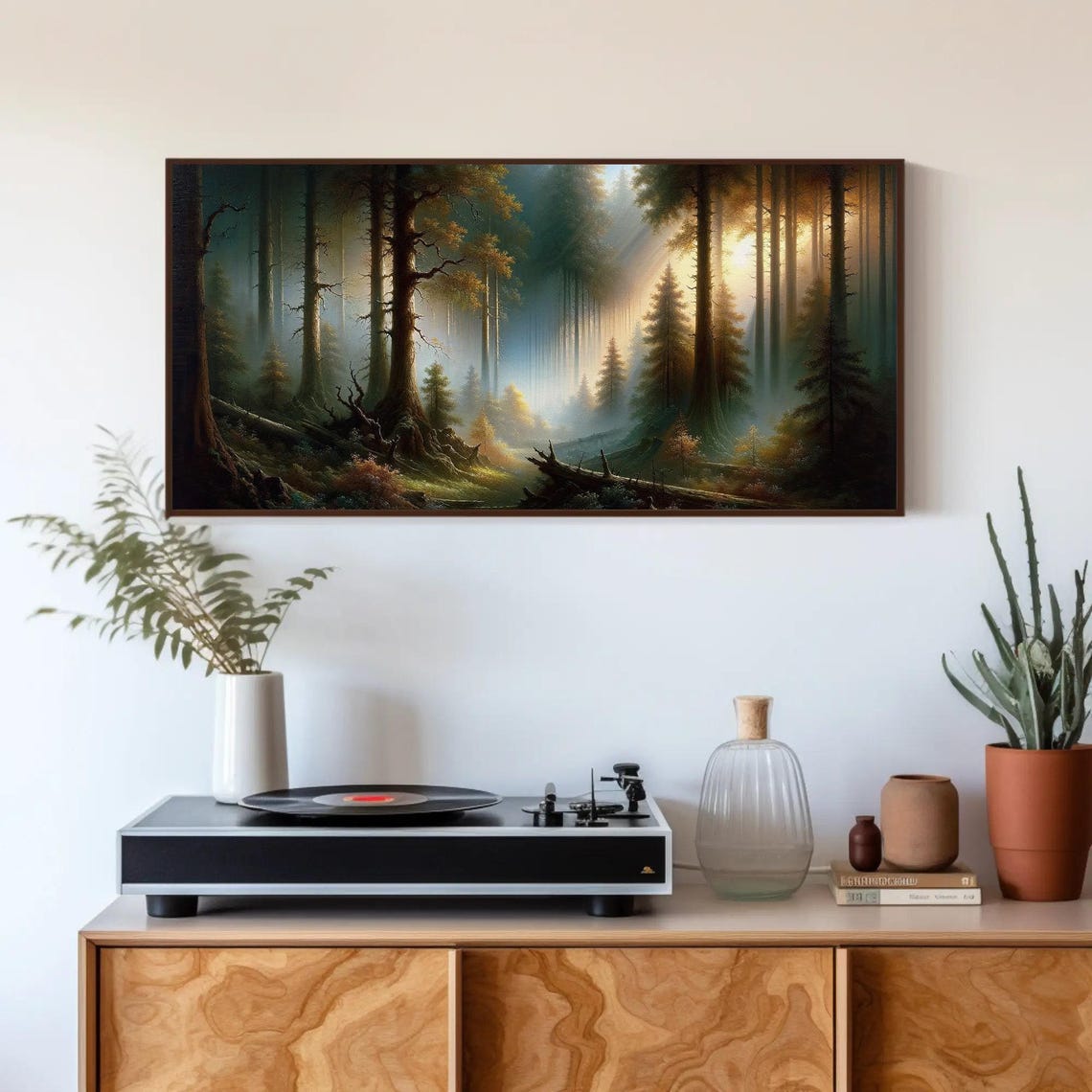 Sunbeams Breaking Through Dark Ancient Forest Oil Painting Poster - Image 3