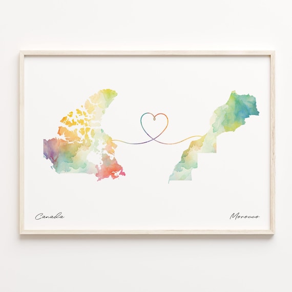 Canada to Morocco Watercolor Heart Map Long Distance Love Poster