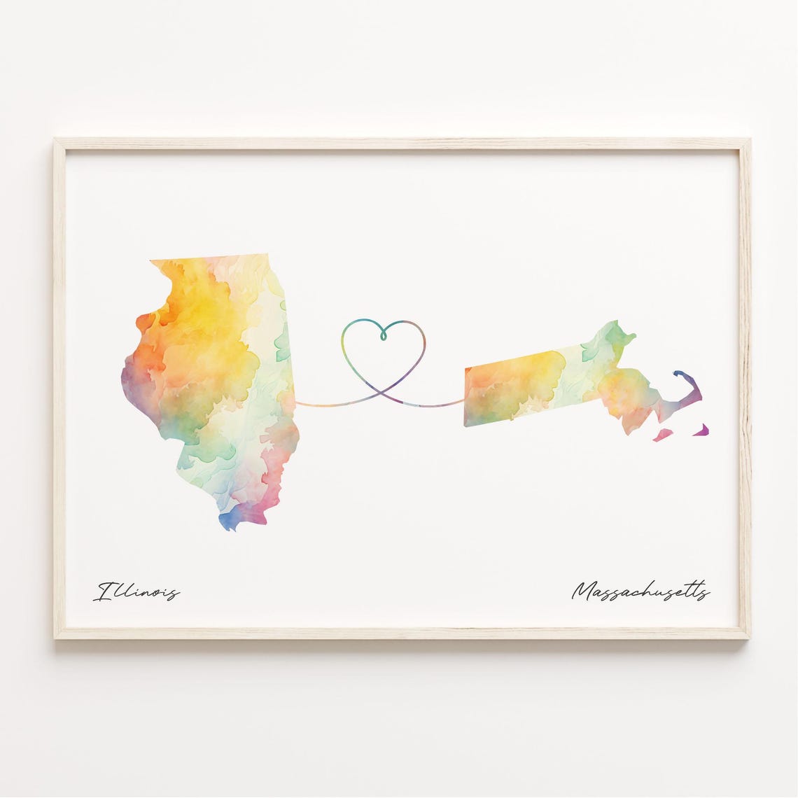 Illinois To Massachusetts Watercolor Map With Heart Line Poster