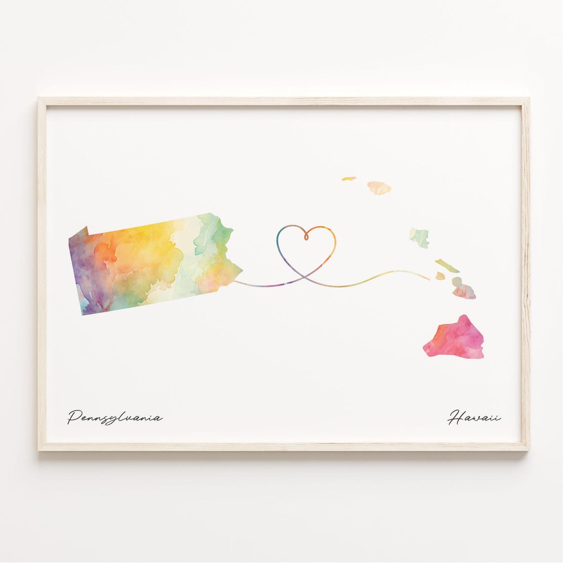 Pennsylvania To Hawaii Watercolor State Map Connection Art Print