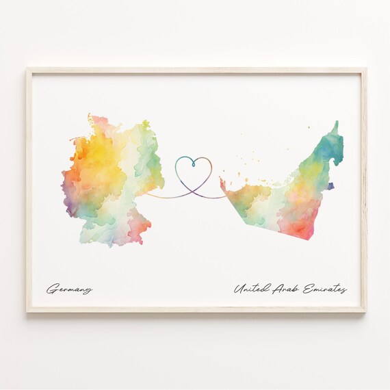 Germany to United Arab Emirates Watercolor Map Heart Keepsake Poster