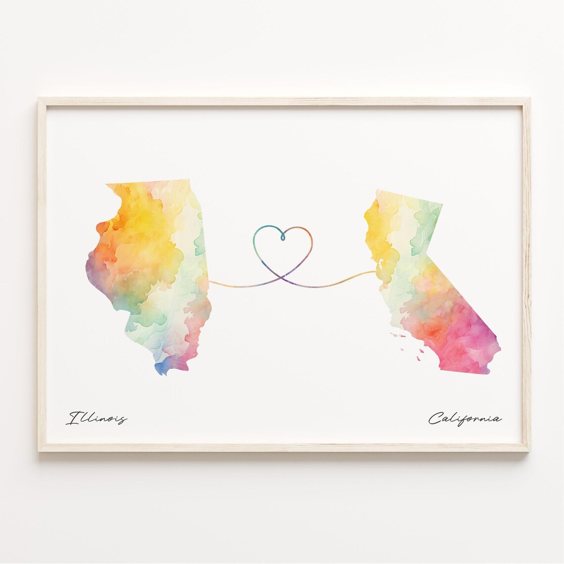 Illinois To California Watercolor Map Heart Long Distance Love Poster