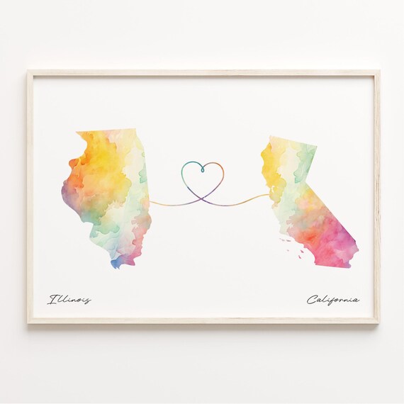 Illinois To California Watercolor Map Heart Long Distance Love Poster