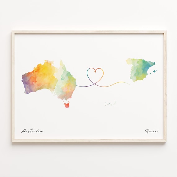 Australia To Spain Watercolor Heart Map Long Distance Love Poster