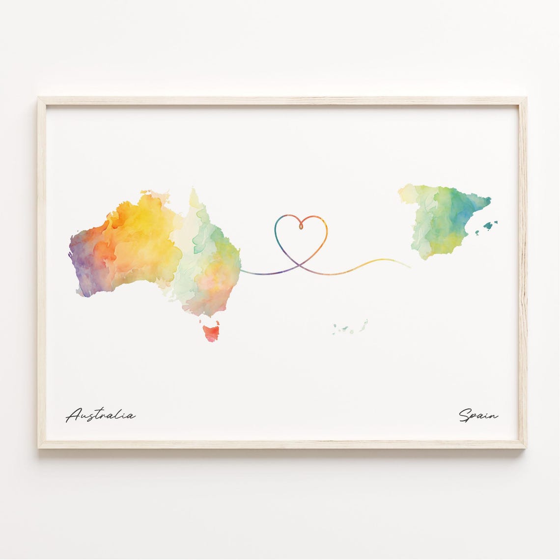 Australia To Spain Watercolor Heart Map Long Distance Love Poster