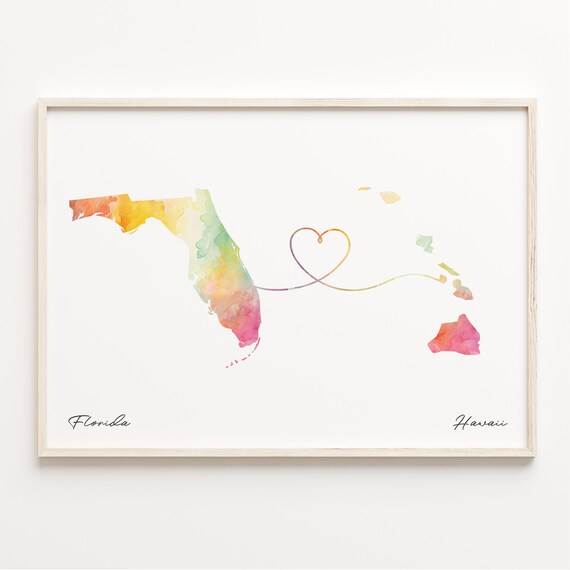 Florida Hawaii Watercolor State Map Long Distance Heart Poster