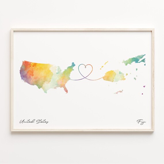 United States to Fiji Watercolor Map Heart Travel Art Poster