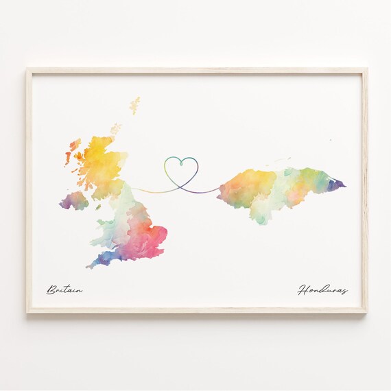 Britain To Honduras Watercolor Map Print Heart Line Cultural Roots Gift