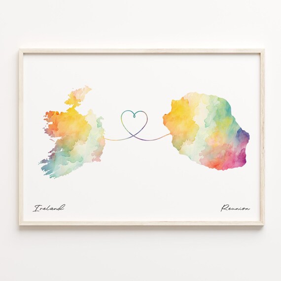 Watercolor Ireland To Reunion Map With Heart Long Distance Love Print