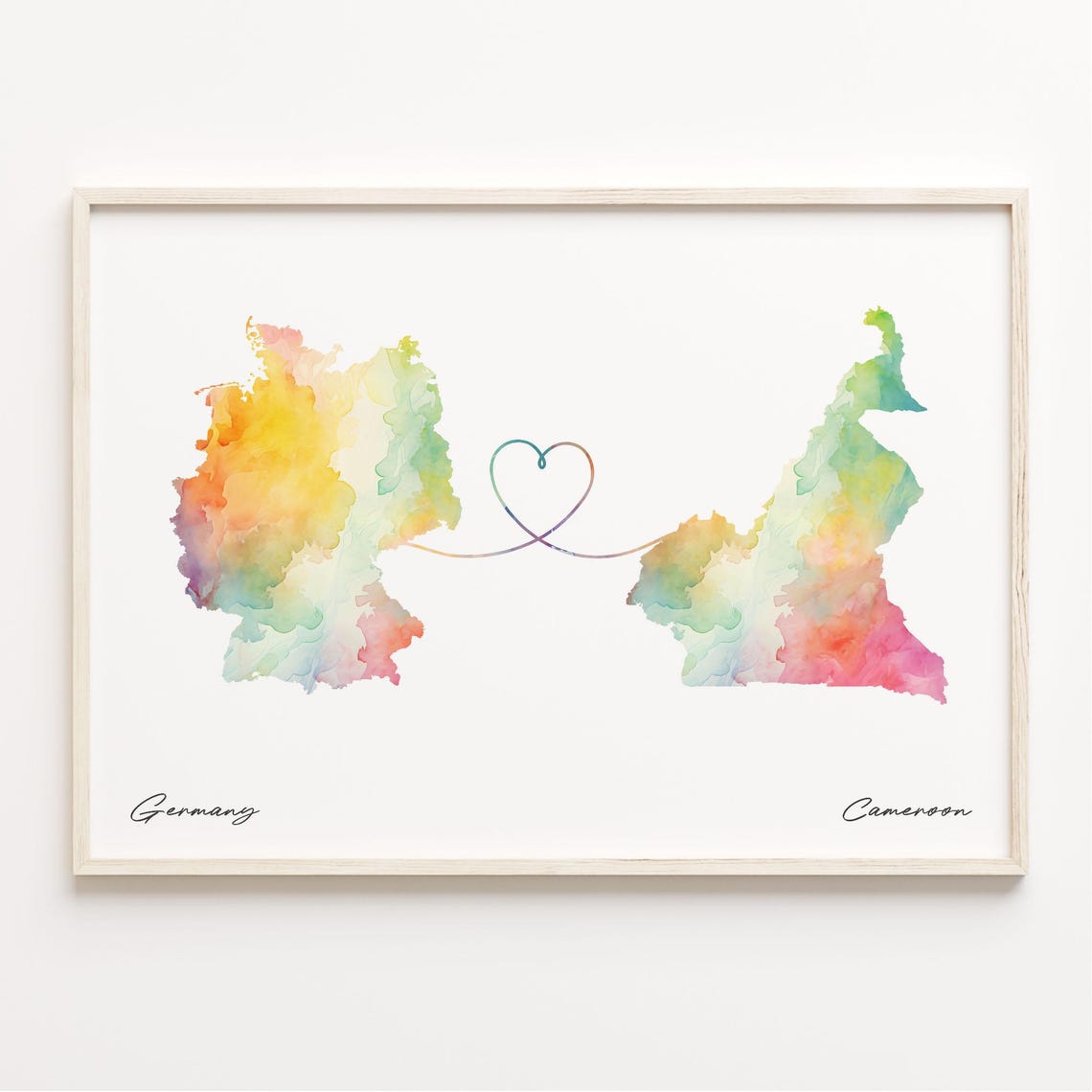 Germany To Cameroon Watercolor Heart Connection Map Art Poster