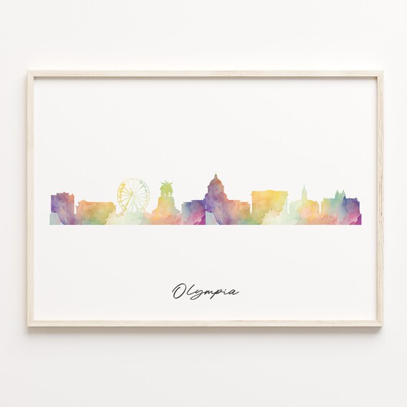 Olympia Washington Watercolor Skyline Cityscape Rainbow Silhouette Poster