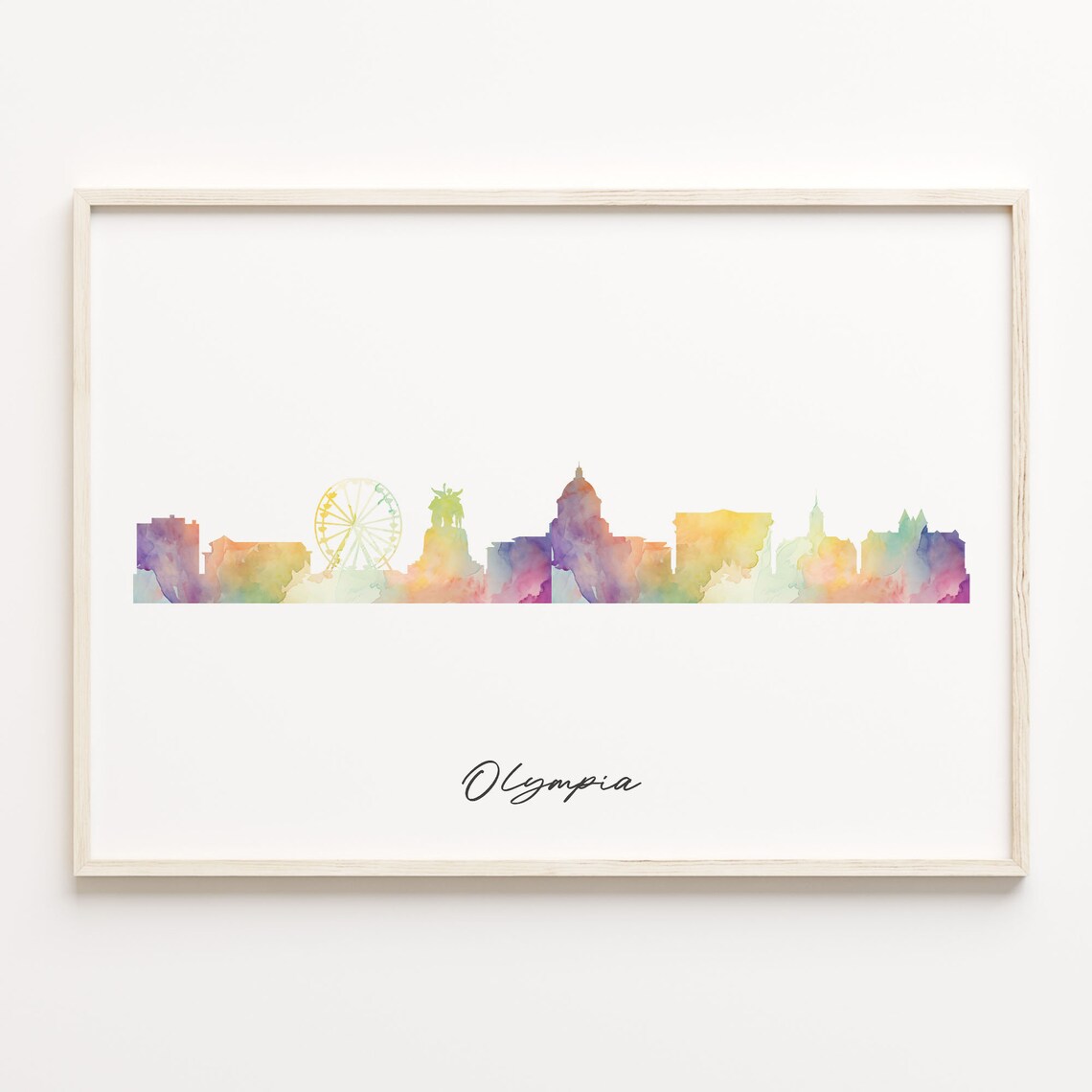 Olympia Washington Watercolor Skyline Cityscape Rainbow Silhouette Poster